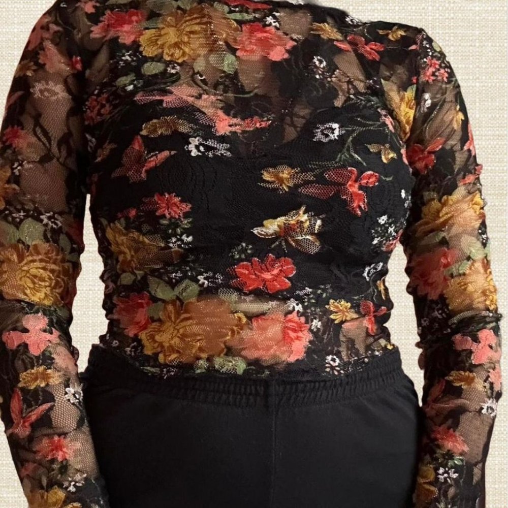 Discontinued Dark Floral Mesh Shirt with Black Scallop Croptop Underlay